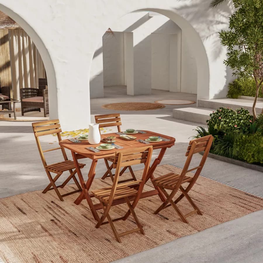 Set pranzo con tavolo allungabile pieghevole 120/160x80 cm e 4 sedie pieghevoli in legno di acacia - Paja