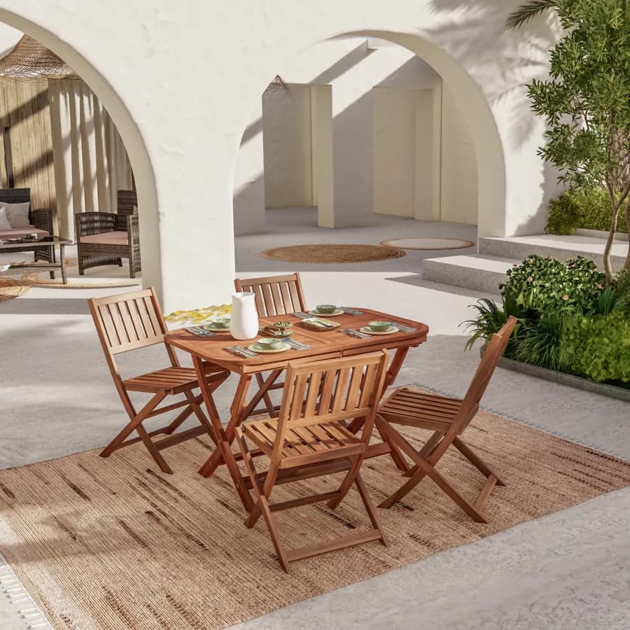 Set pranzo tavolo allungabile pieghevole 120/160x80 cm e 4 sedie pieghevoli in legno di acacia - Paja