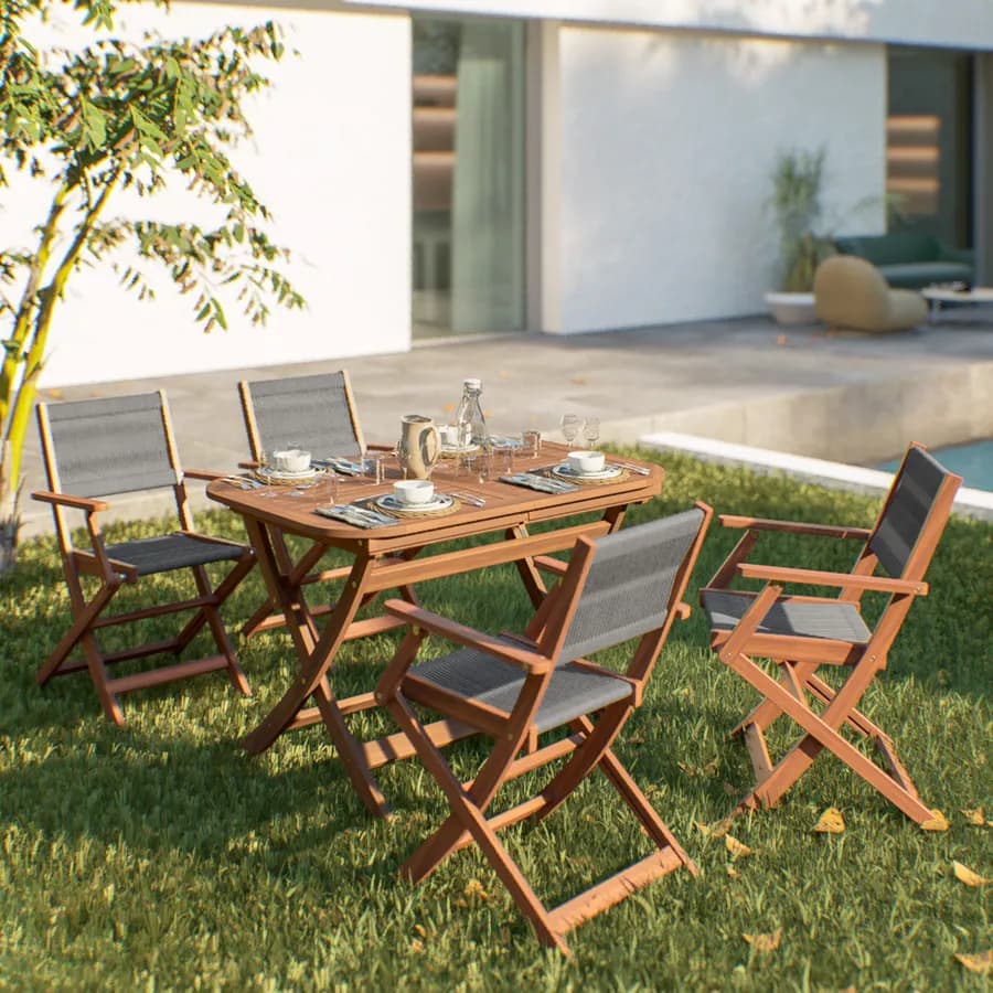 Set pranzo pieghevole tavolo 120/160x80 cm e 4 sedie in legno e corda grigia - Yadira