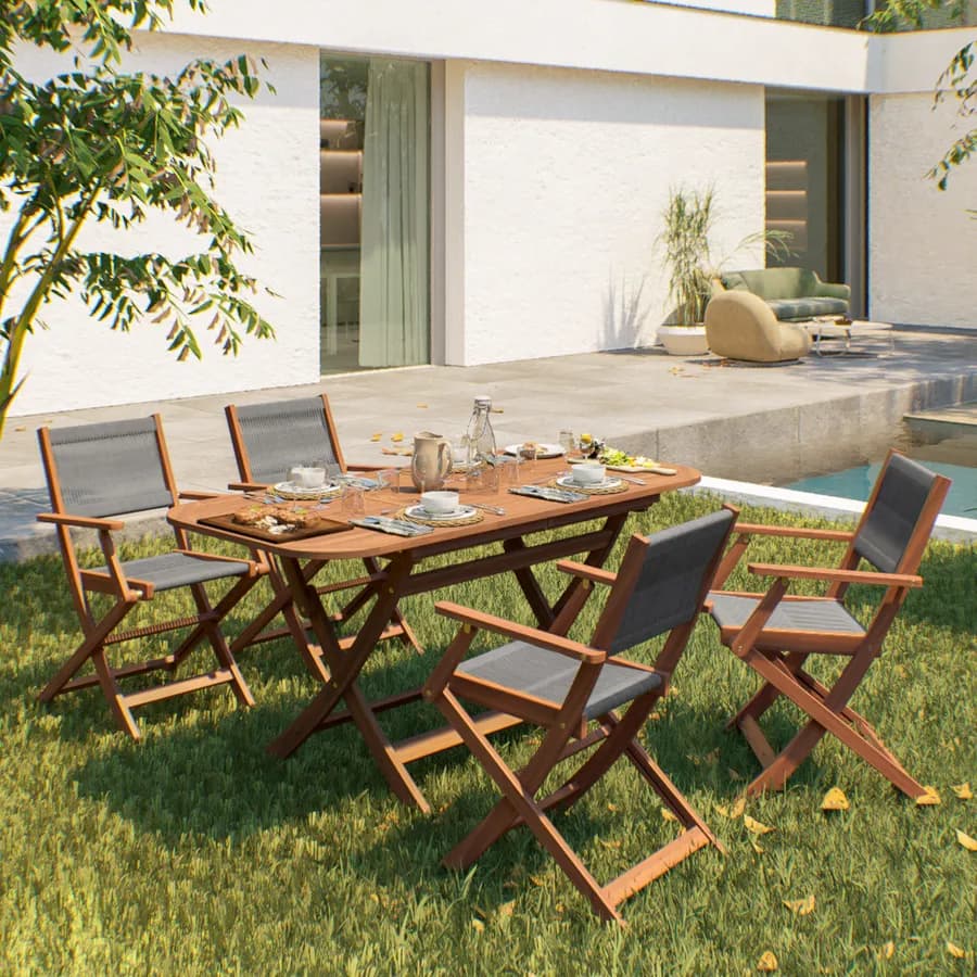 Set pranzo pieghevole tavolo 120/160x80 cm e 4 sedie in legno e corda grigia - Yadira