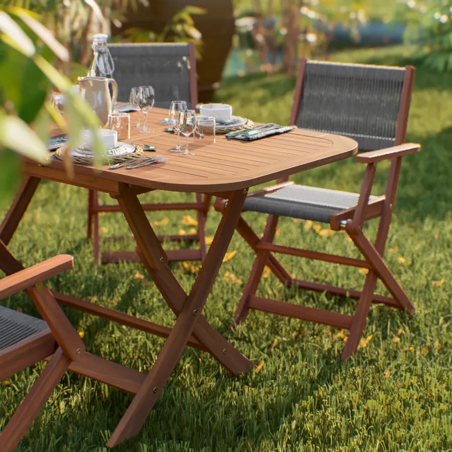 Set pranzo pieghevole tavolo 120/160x80 cm e 4 sedie in legno e corda grigia - Yadira