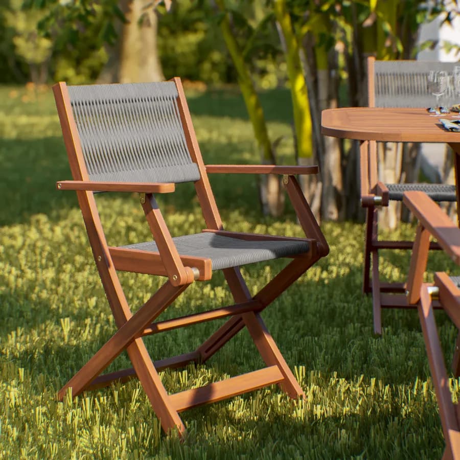 Set pranzo pieghevole tavolo 120/160x80 cm e 4 sedie in legno e corda grigia - Yadira