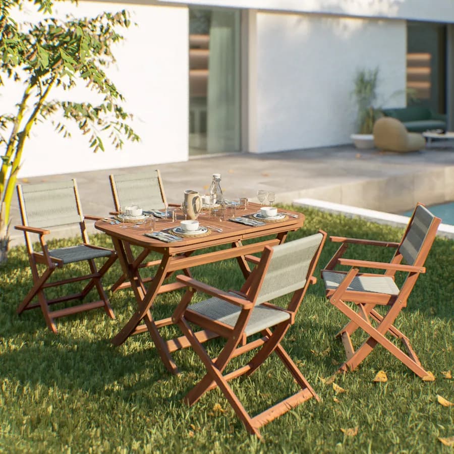 Set pranzo pieghevole tavolo 120/160x80 cm e 4 sedie in legno e corda tortora - Yadira