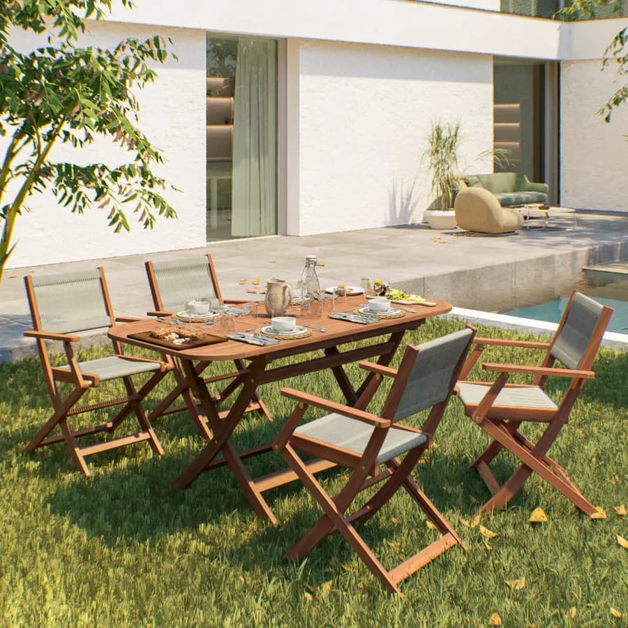 Set pranzo pieghevole tavolo 120/160x80 cm e 4 sedie in legno e corda tortora - Yadira