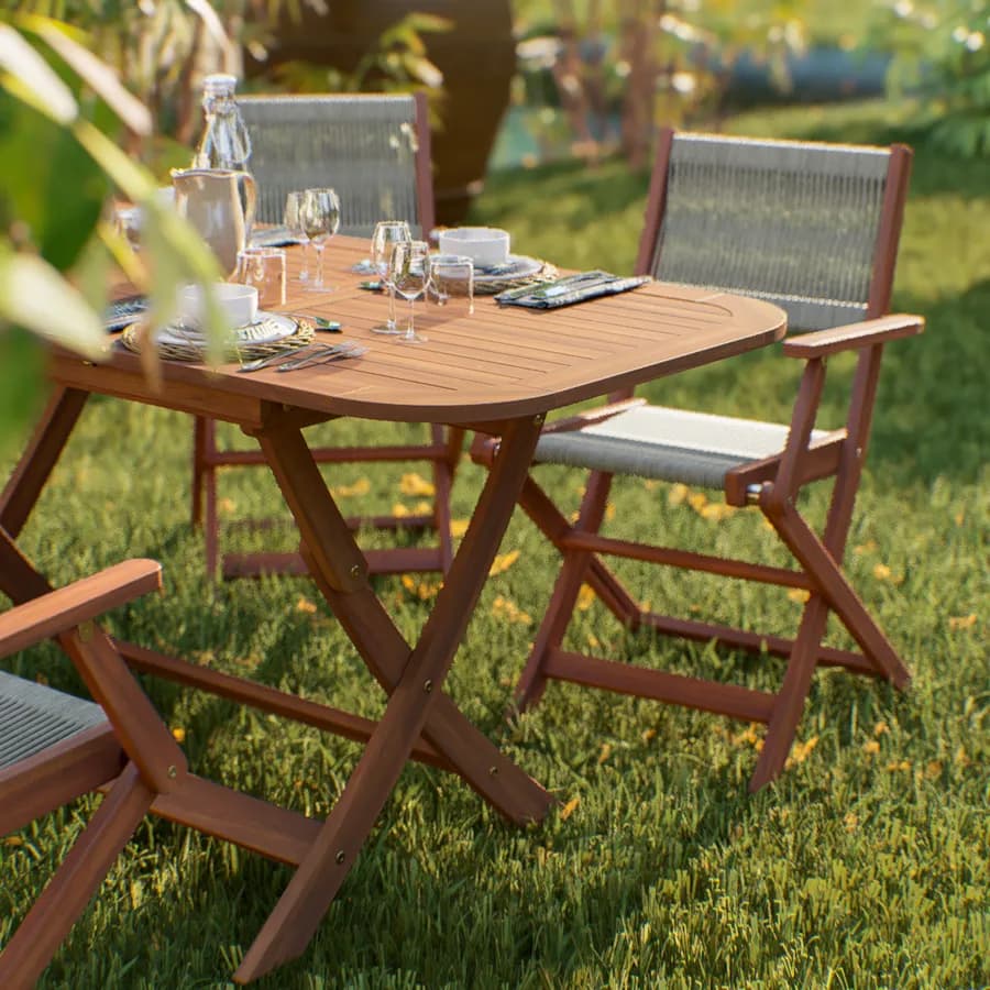 Set pranzo pieghevole tavolo 120/160x80 cm e 4 sedie in legno e corda tortora - Yadira