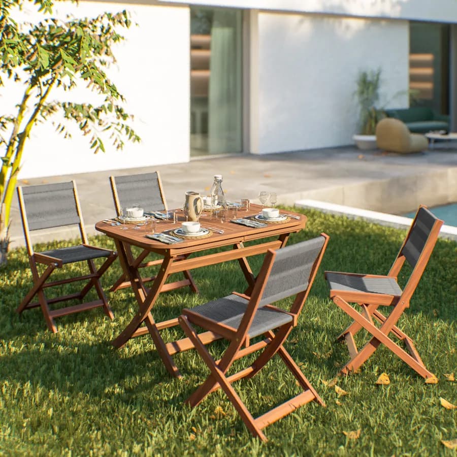 Set pranzo tavolo allungabile pieghevole 120/160x80 cm e 4 sedie pieghevoli in legno di acacia e corda grigia - Yadira