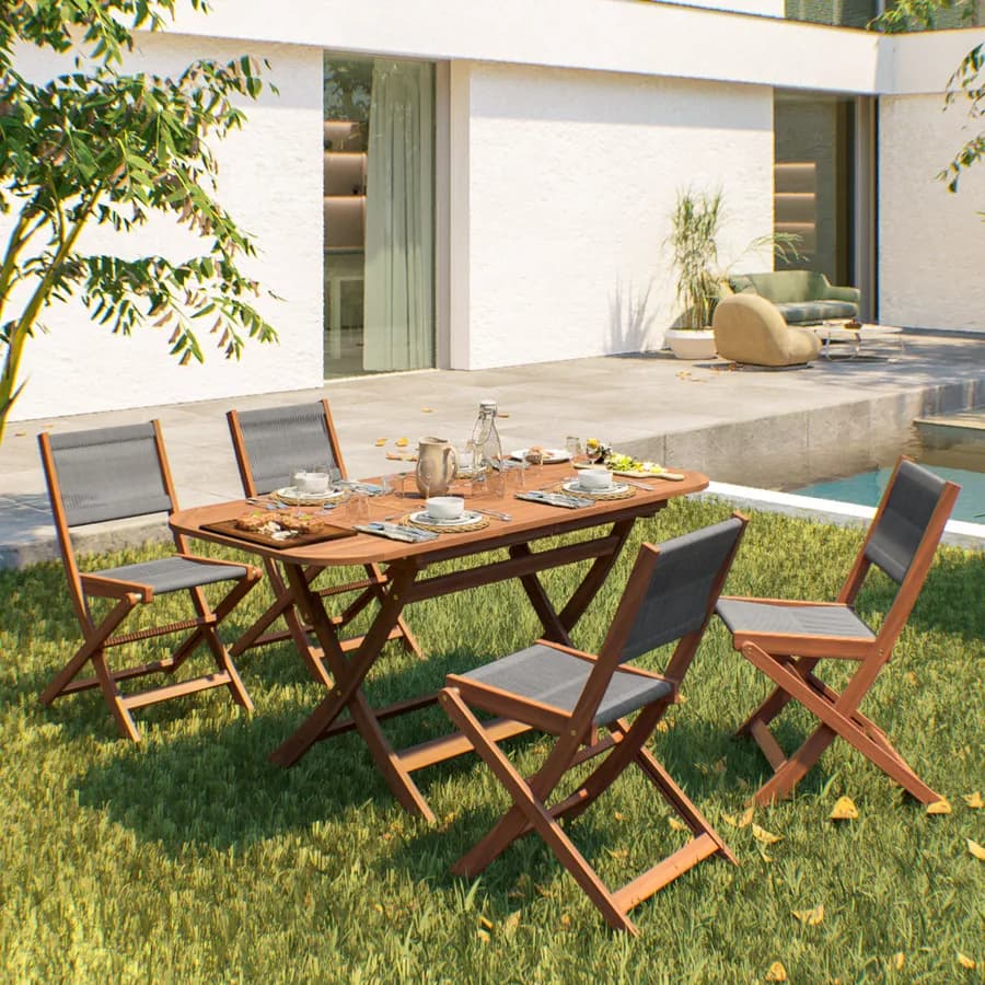 Set pranzo tavolo allungabile pieghevole 120/160x80 cm e 4 sedie pieghevoli in legno di acacia e corda grigia - Yadira