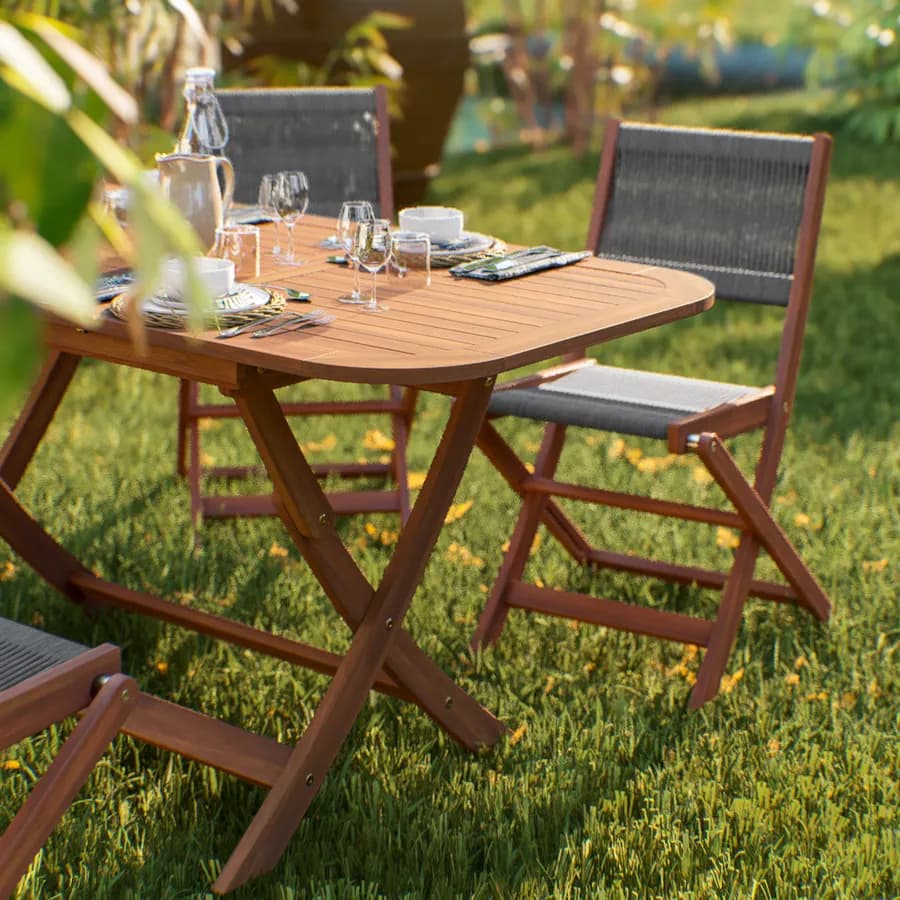 Set pranzo tavolo allungabile pieghevole 120/160x80 cm e 4 sedie pieghevoli in legno di acacia e corda grigia - Yadira