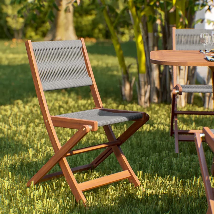 Set pranzo tavolo allungabile pieghevole 120/160x80 cm e 4 sedie pieghevoli in legno di acacia e corda grigia - Yadira
