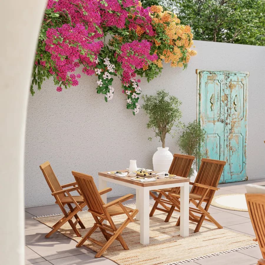 Set pranzo tavolo con top in legno di acacia 115x70 cm e 4 sedie con braccioli in legno teak - Paja