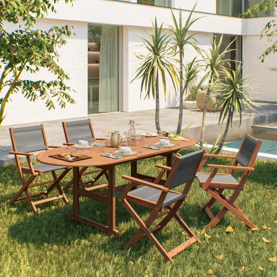 Set pranzo tavolo ovale allungabile 150/200x100 cm e 4 sedie pieghevoli con braccioli in legno di acacia e corda grigia - Yadira