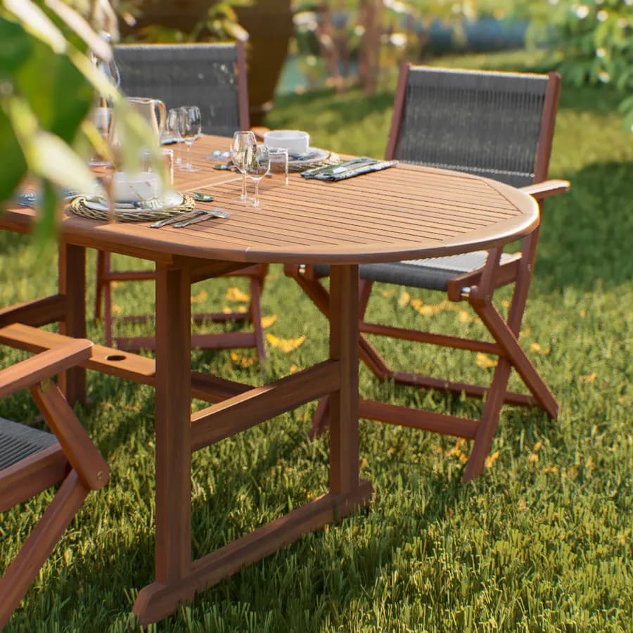 Set pranzo tavolo ovale allungabile 150/200x100 cm e 4 sedie pieghevoli con braccioli in legno di acacia e corda grigia - Yadira
