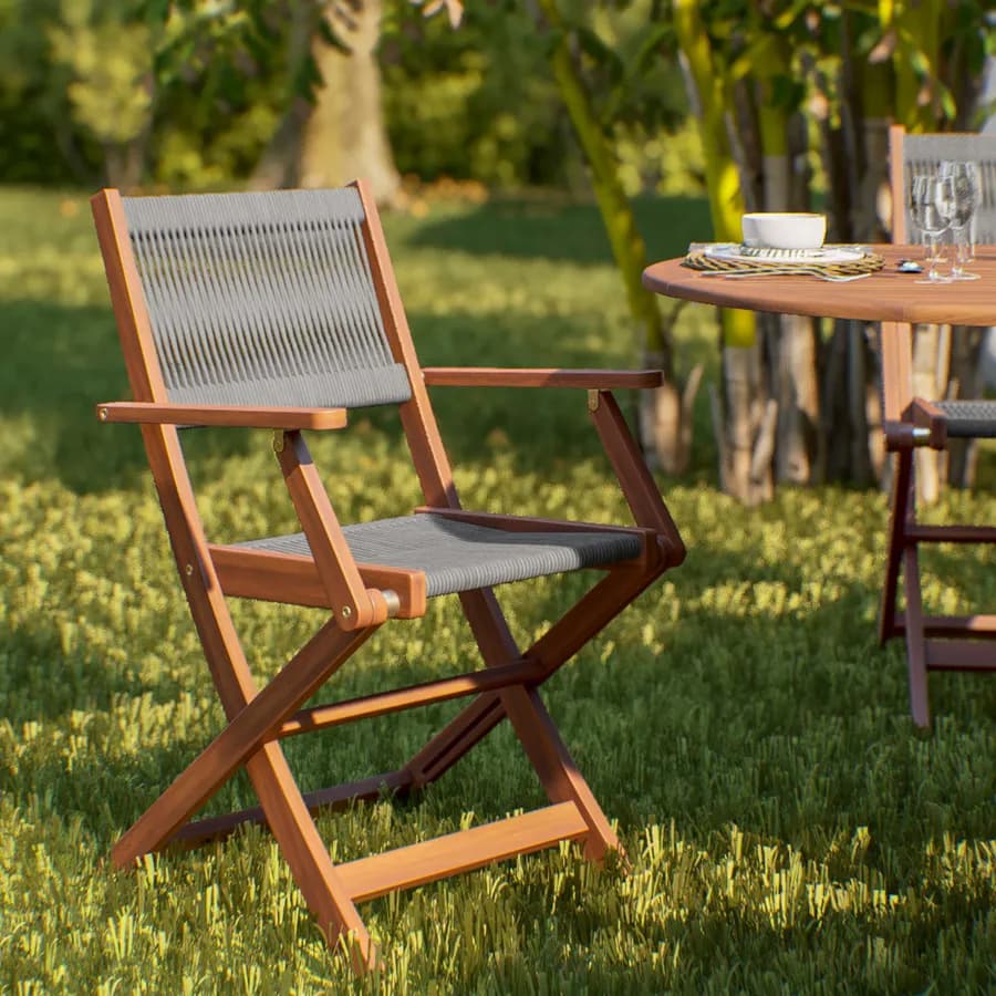 Set pranzo tavolo ovale allungabile 150/200x100 cm e 4 sedie pieghevoli con braccioli in legno di acacia e corda grigia - Yadira