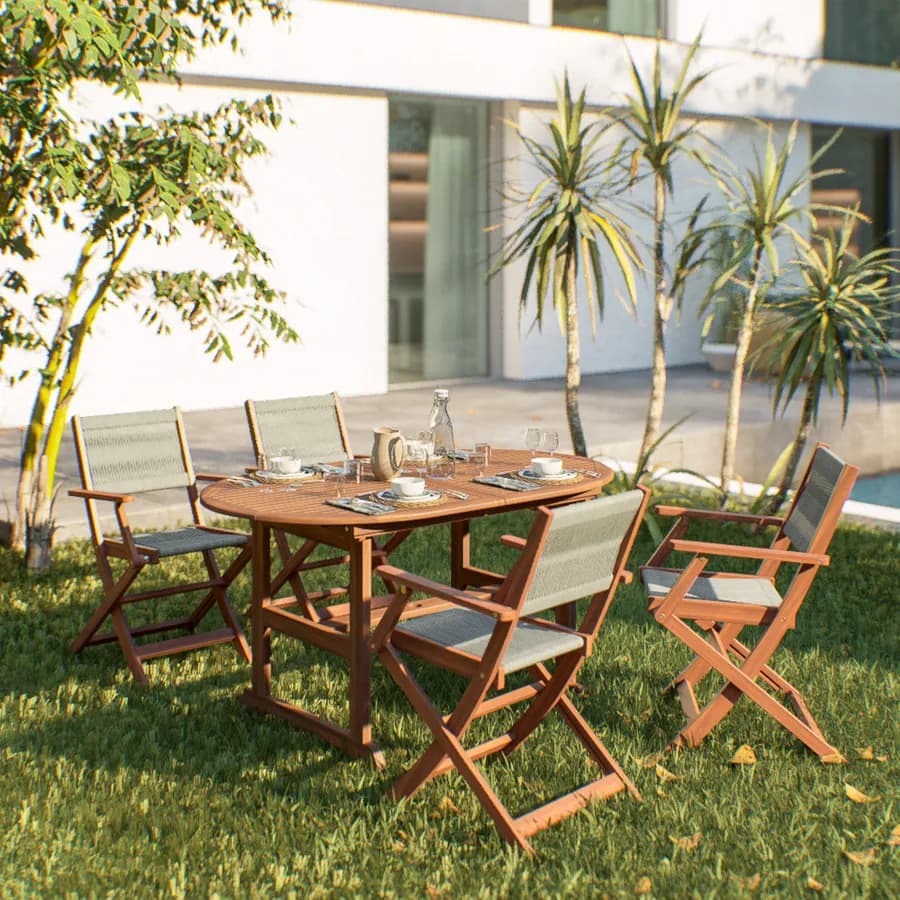Set pranzo tavolo ovale allungabile 150/200x100 cm e 4 sedie pieghevoli con braccioli in legno di acacia e corda tortora - Yadira