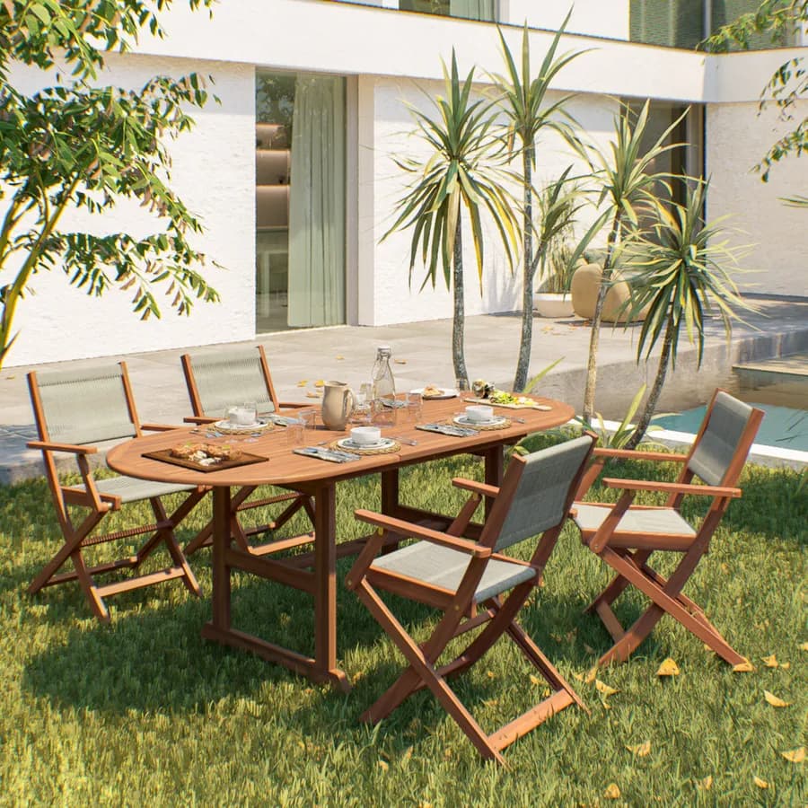 Set pranzo tavolo ovale allungabile 150/200x100 cm e 4 sedie pieghevoli con braccioli in legno di acacia e corda tortora - Yadira