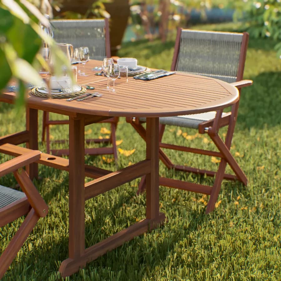 Set pranzo tavolo ovale allungabile 150/200x100 cm e 4 sedie pieghevoli con braccioli in legno di acacia e corda tortora - Yadira