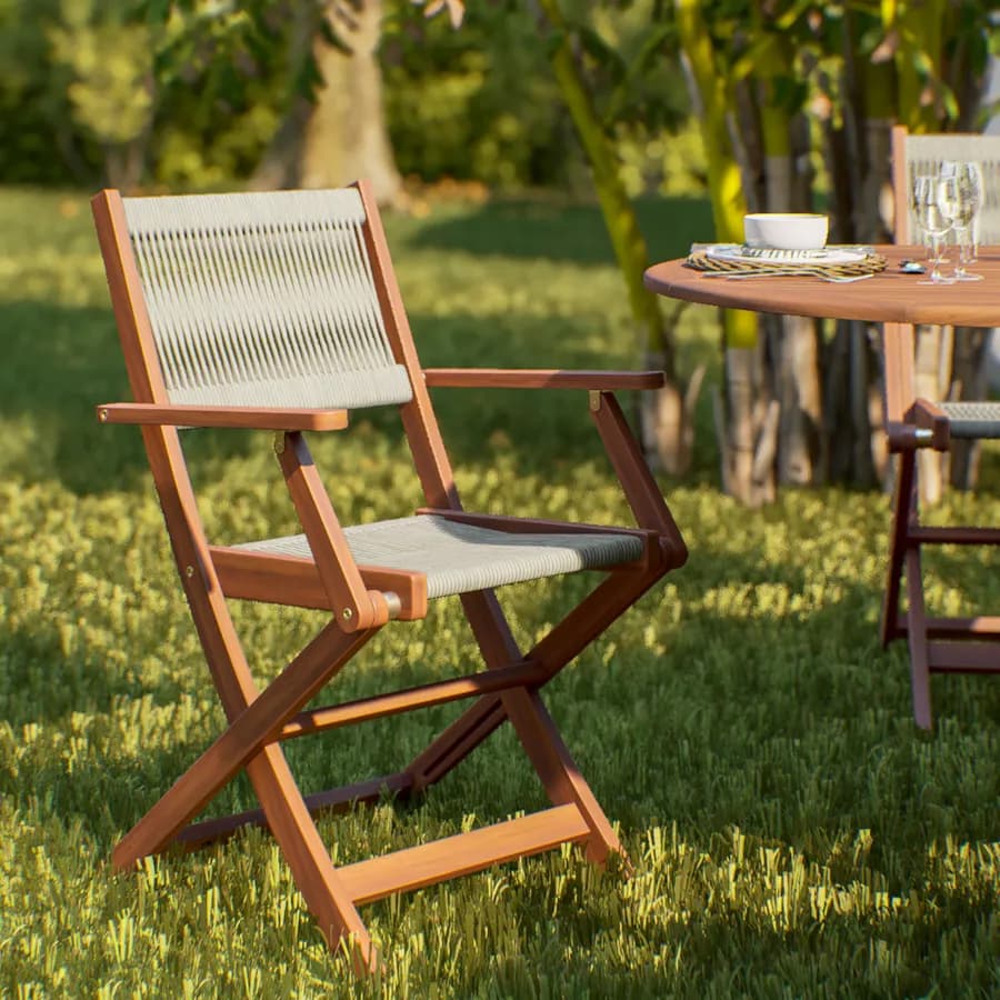 Set pranzo tavolo ovale allungabile 150/200x100 cm e 4 sedie pieghevoli con braccioli in legno di acacia e corda tortora - Yadira