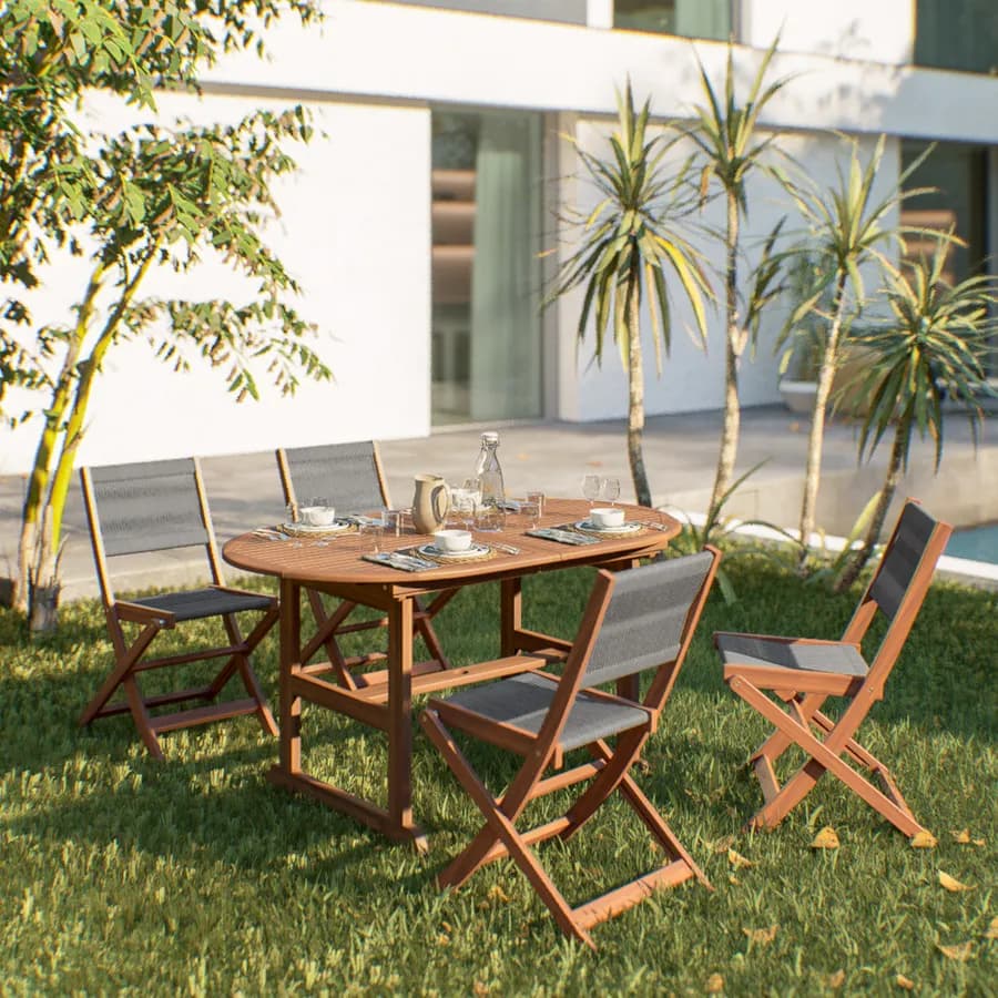 Set pranzo tavolo ovale allungabile 150/200x100 cm e 4 sedie pieghevoli in legno di acacia e corda grigia - Yadira