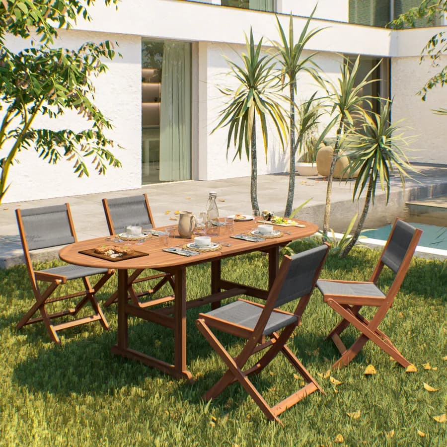 Set pranzo tavolo ovale allungabile 150/200x100 cm e 4 sedie pieghevoli in legno di acacia e corda grigia - Yadira