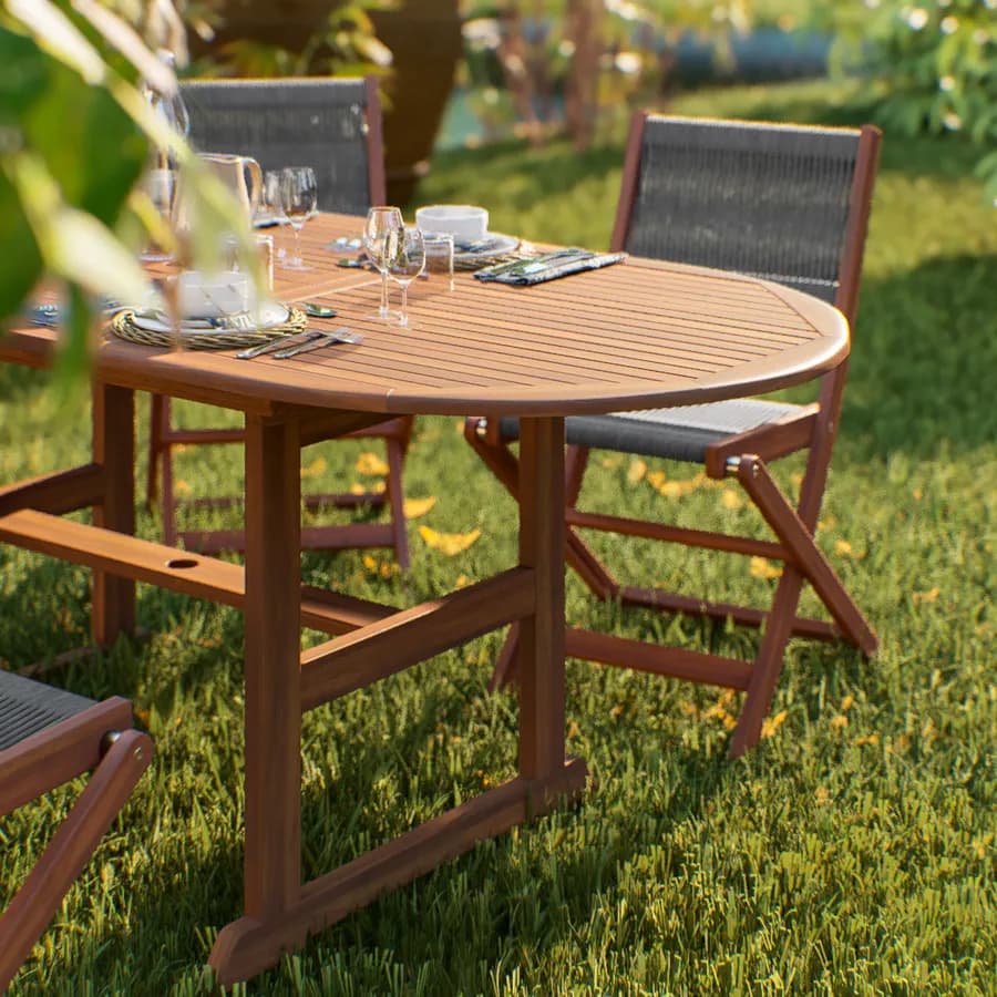 Set pranzo tavolo ovale allungabile 150/200x100 cm e 4 sedie pieghevoli in legno di acacia e corda grigia - Yadira