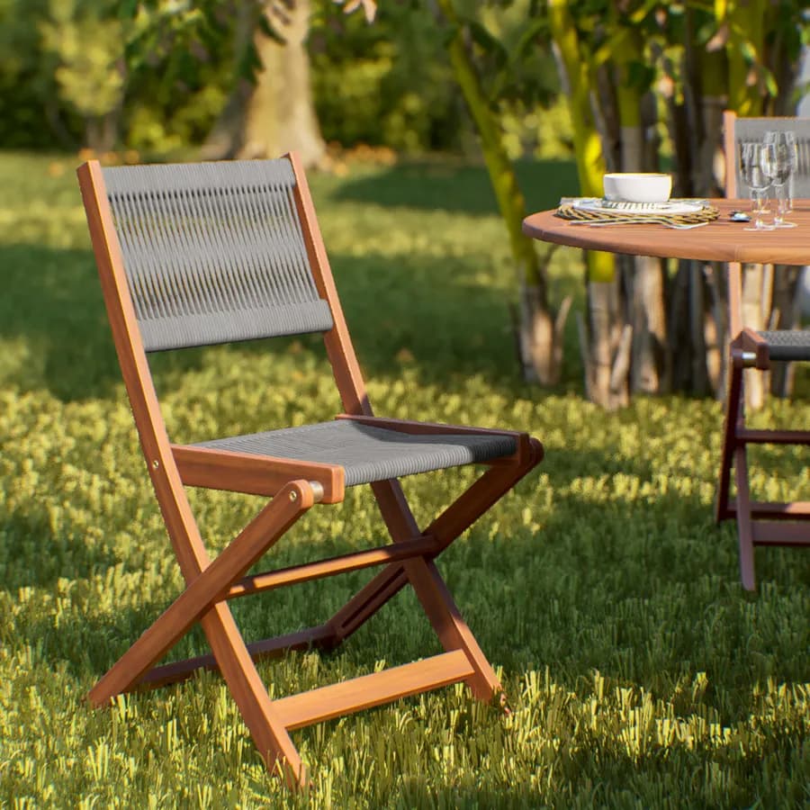 Set pranzo tavolo ovale allungabile 150/200x100 cm e 4 sedie pieghevoli in legno di acacia e corda grigia - Yadira