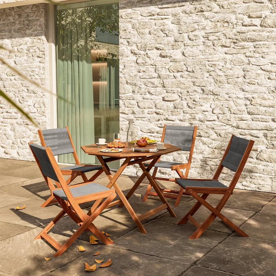 Set pranzo tavolo pieghevole rotondo 100 cm e 4 sedie pieghevoli in legno di acacia e corda grigia - Yadira