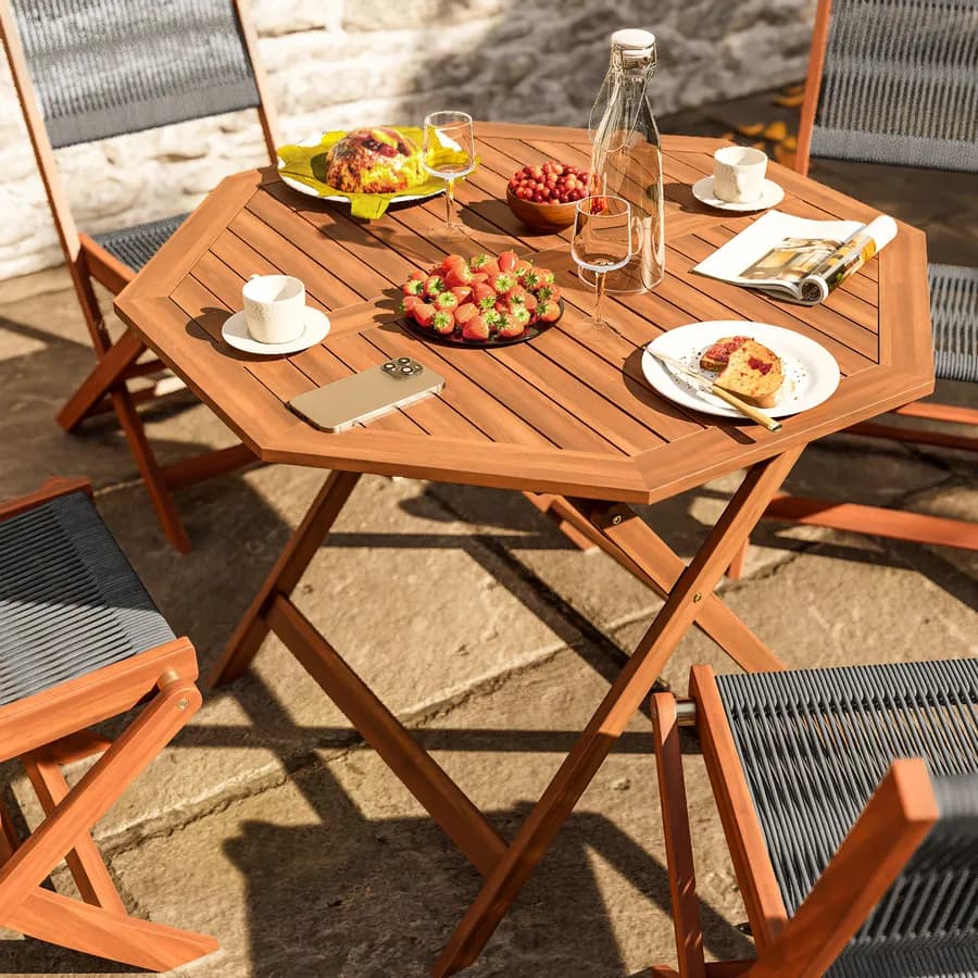 Set pranzo tavolo pieghevole rotondo 100 cm e 4 sedie pieghevoli in legno di acacia e corda grigia - Yadira