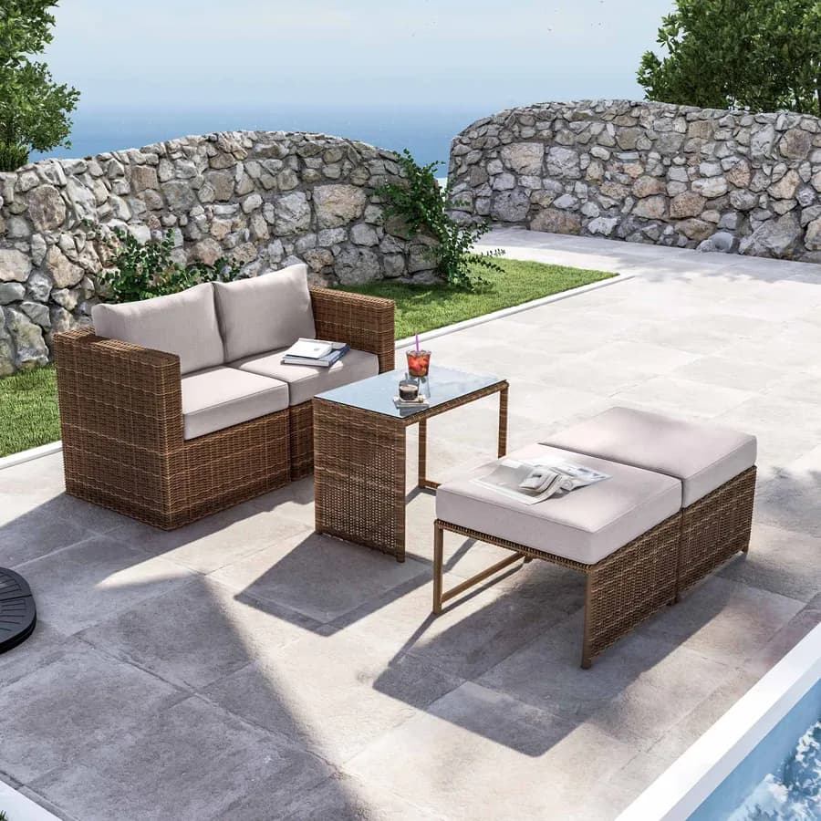 Set relax da giardino modulare con 2 divani 2 pouf e tavolino in polyrattan naturale - Tobago