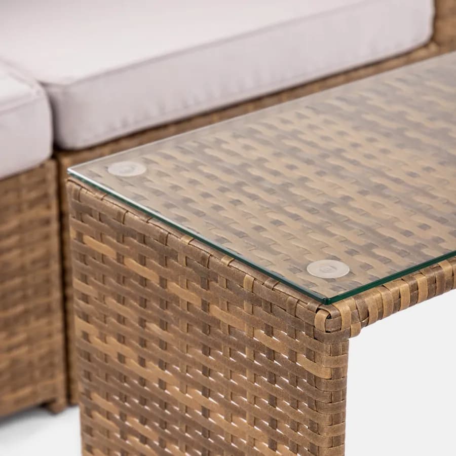 Set relax da giardino modulare con 2 divani 2 pouf e tavolino in polyrattan naturale - Tobago