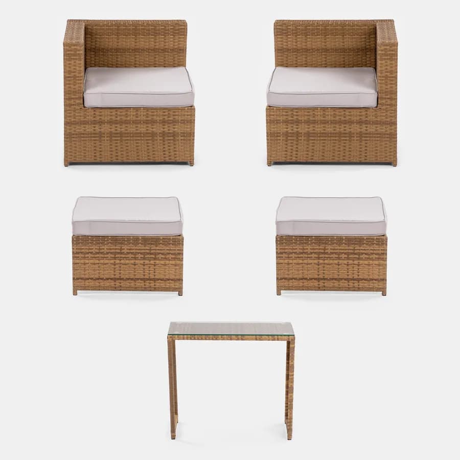 Set relax da giardino modulare con 2 divani 2 pouf e tavolino in polyrattan naturale - Tobago