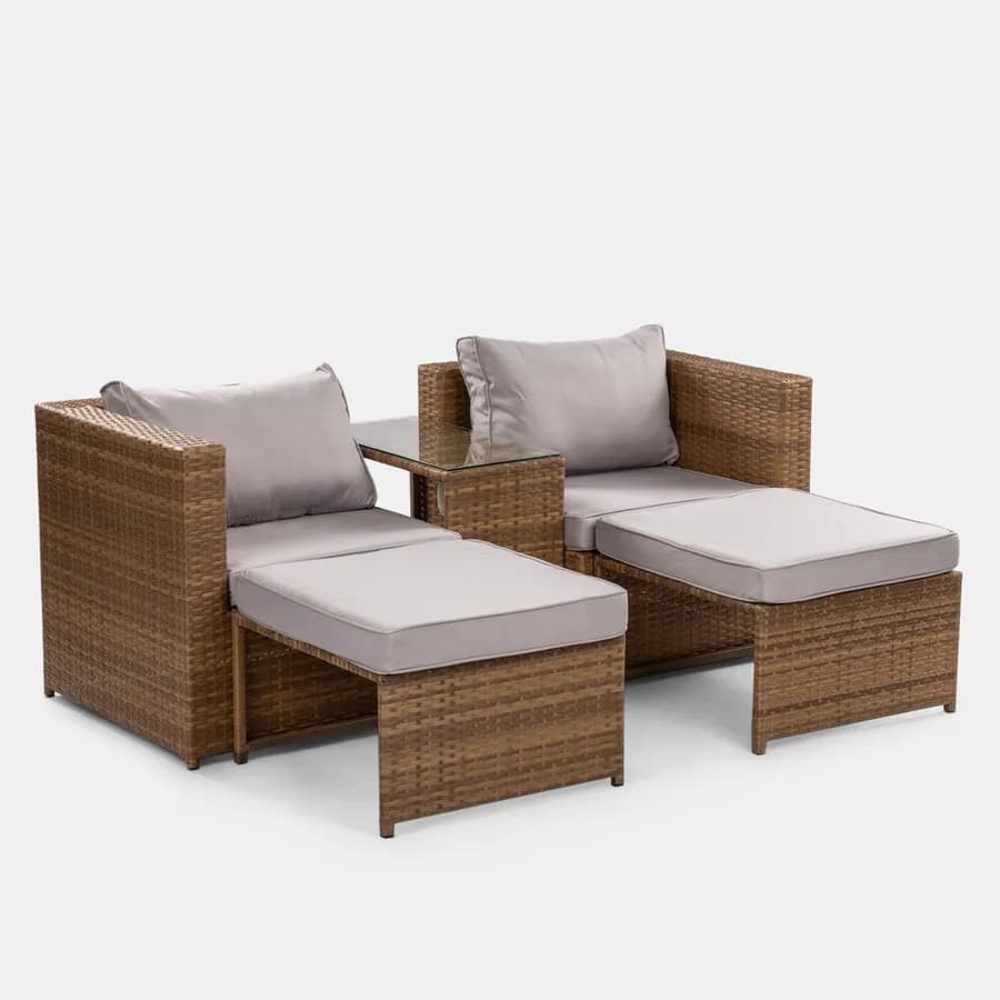 Set relax da giardino modulare con 2 divani 2 pouf e tavolino in polyrattan naturale - Tobago