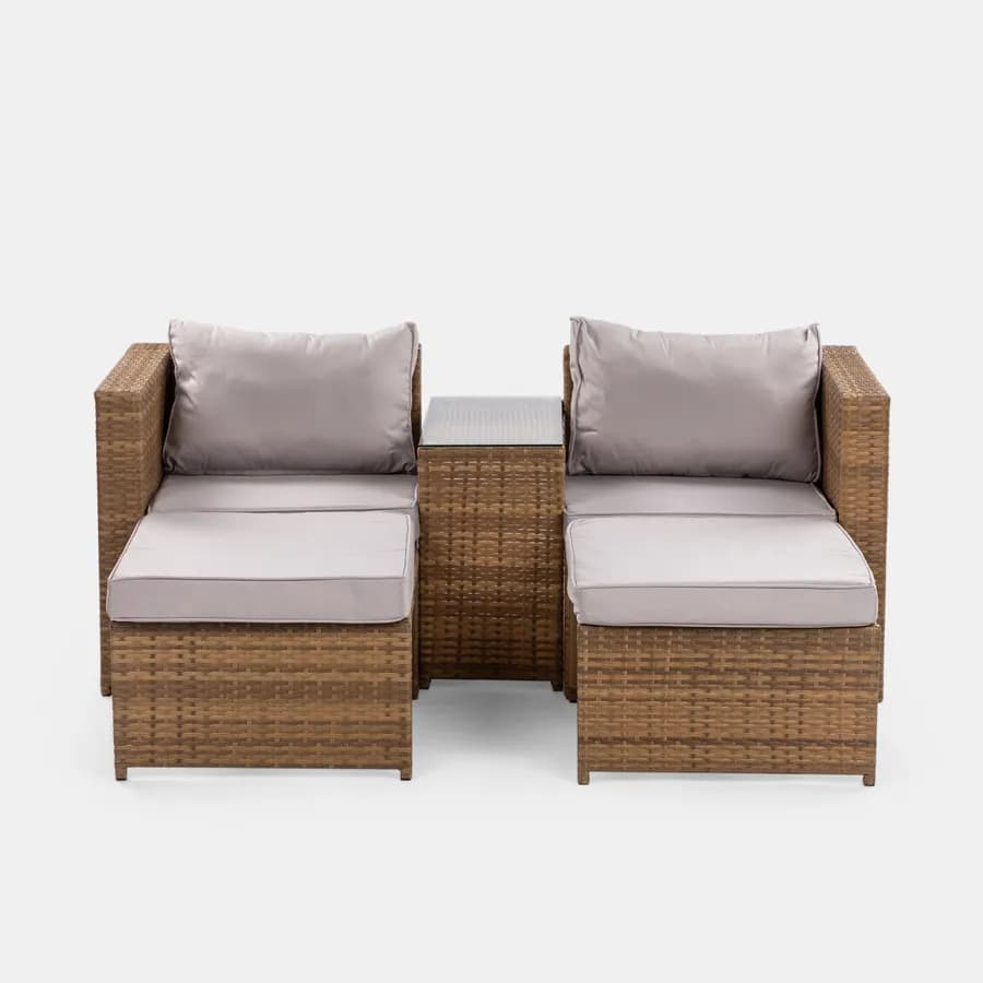 Set relax da giardino modulare con 2 divani 2 pouf e tavolino in polyrattan naturale - Tobago