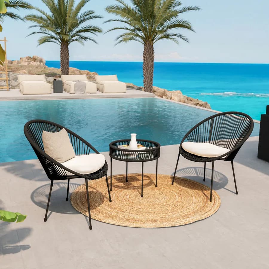 Set relax 2 poltrone e tavolino rotondo 51 cm in acciaio e corda nera - Ikapia