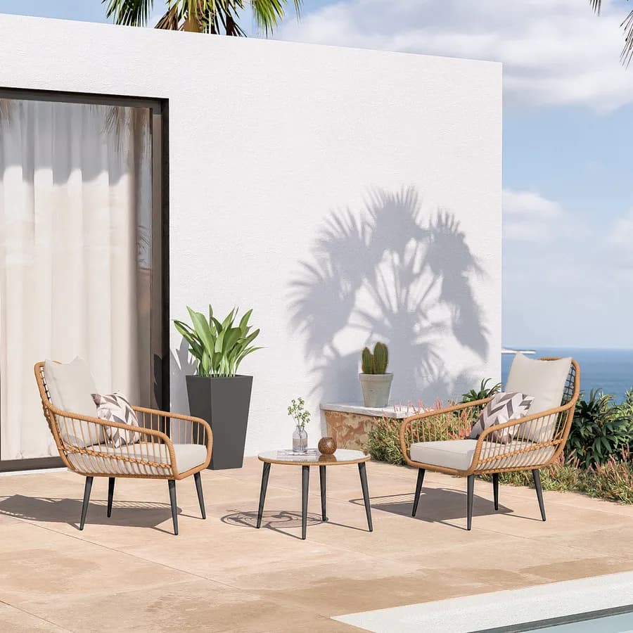 Set relax 2 poltrone in polyrattan naturale e tavolino con piano in vetro diametro 60 cm - Benny