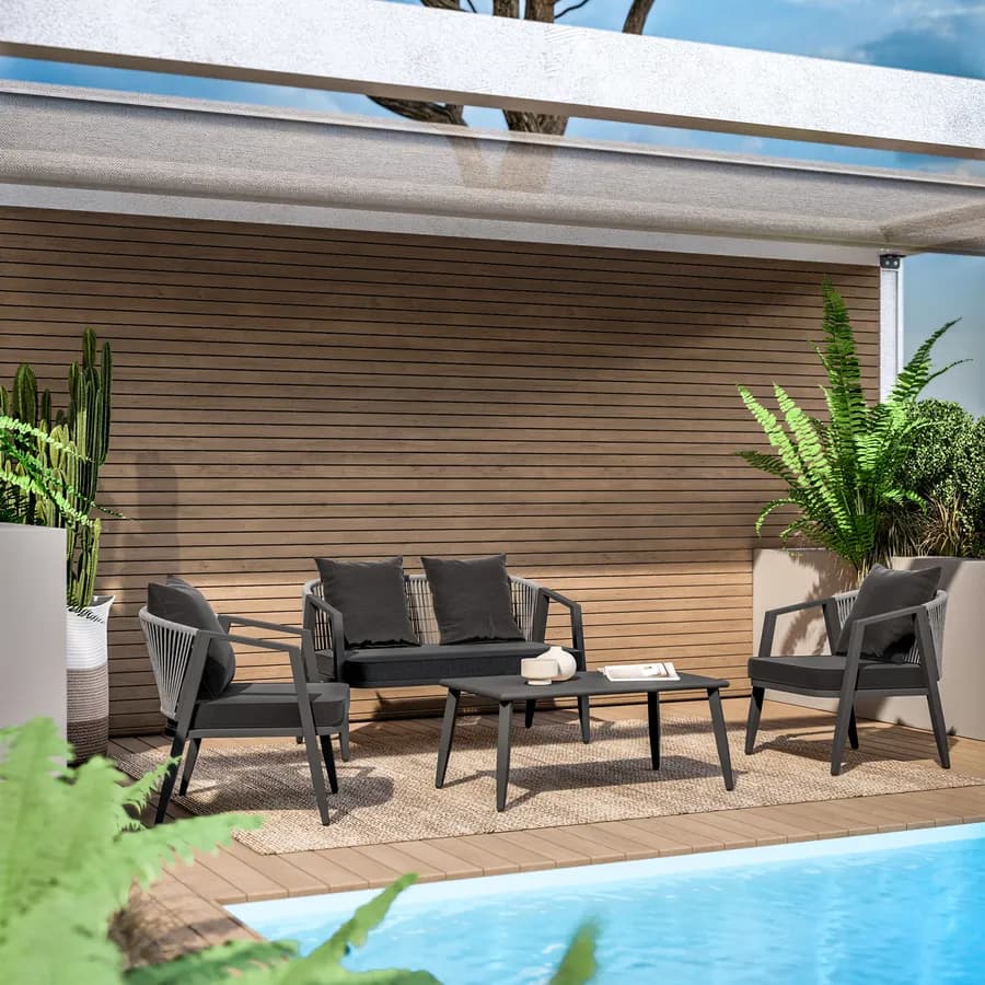 Set relax 4 posti antracite rivestito in corda con cuscini e tavolino - Bonaire