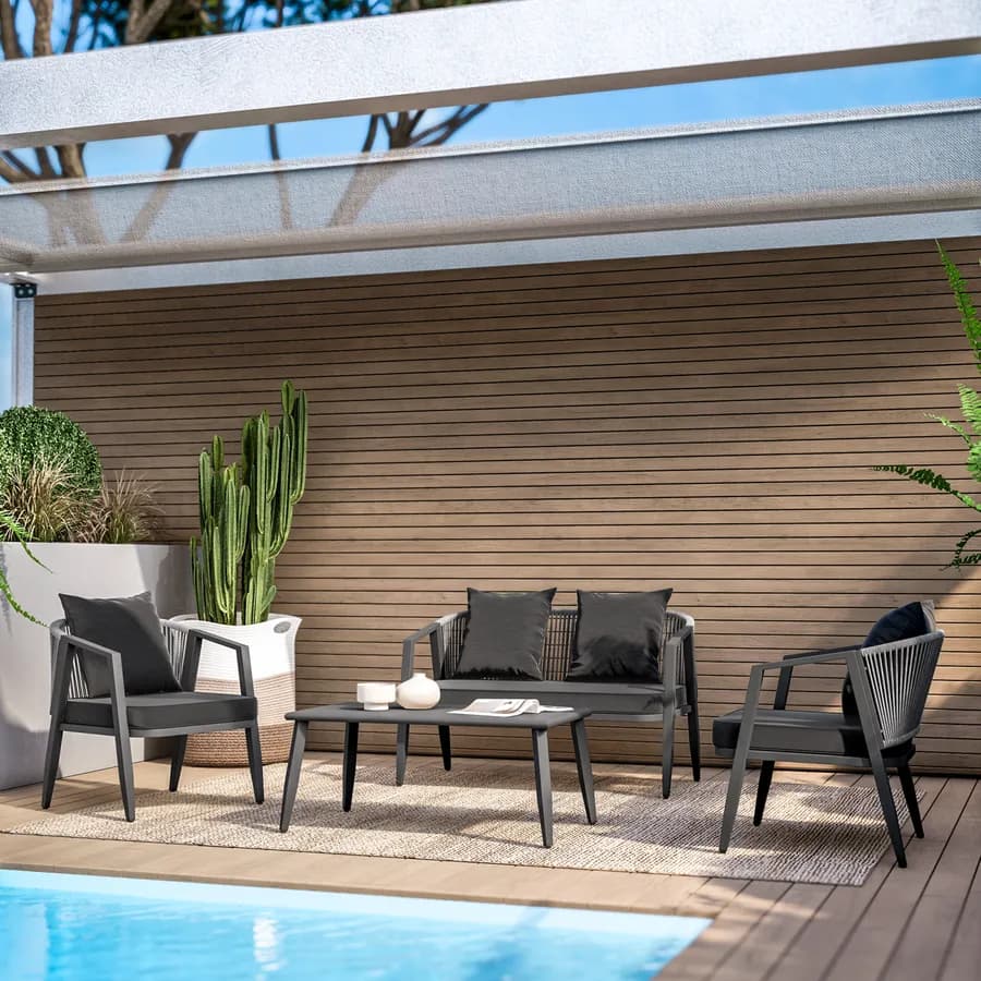 Set relax 4 posti antracite rivestito in corda con cuscini e tavolino - Bonaire