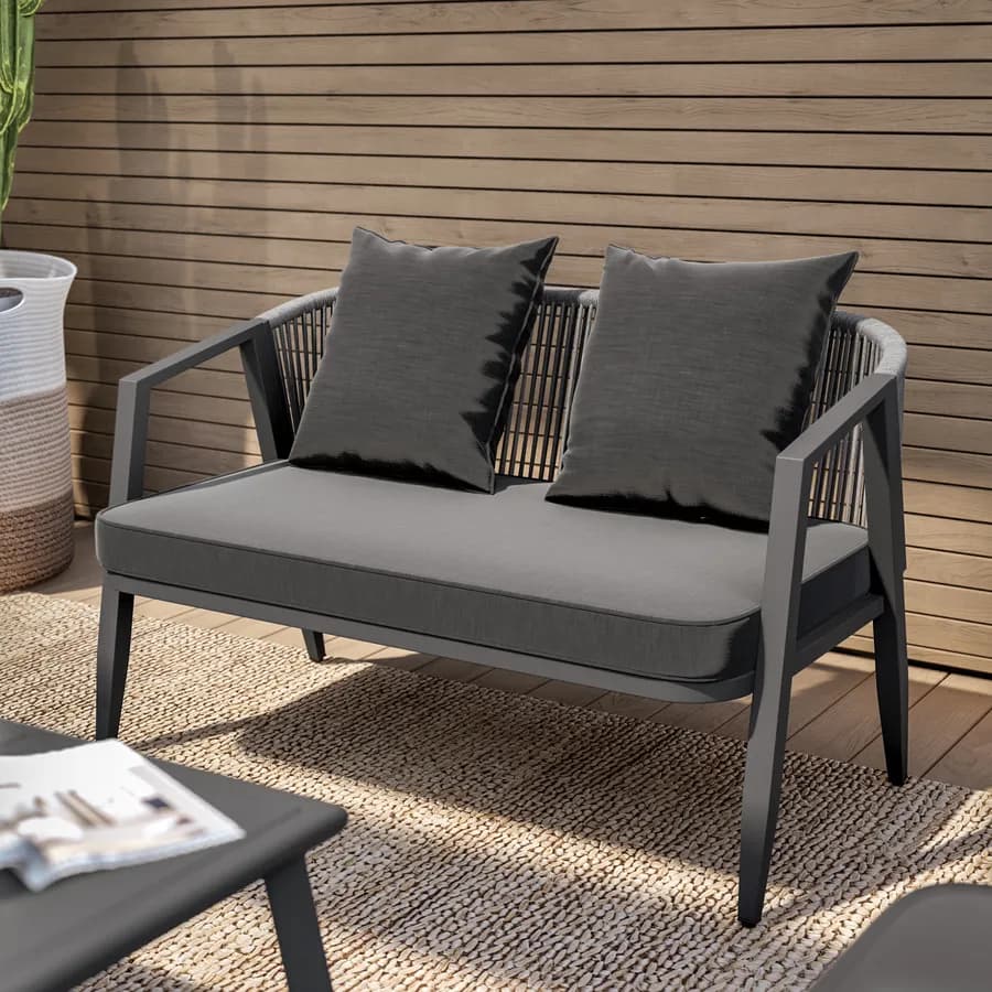 Set relax 4 posti antracite rivestito in corda con cuscini e tavolino - Bonaire