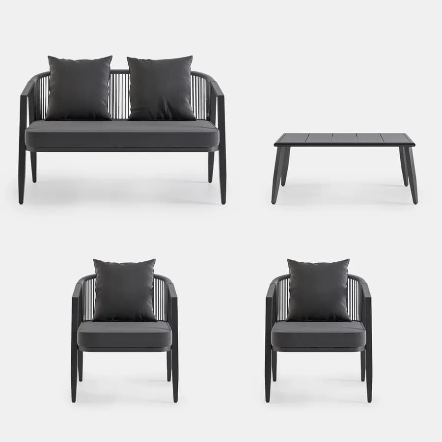 Set relax 4 posti antracite rivestito in corda con cuscini e tavolino - Bonaire