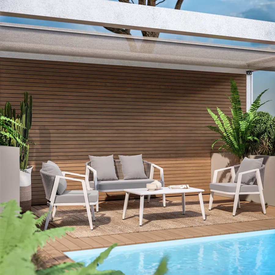 Set relax 4 posti bianco rivestito in corda con cuscini e tavolino - Bonaire