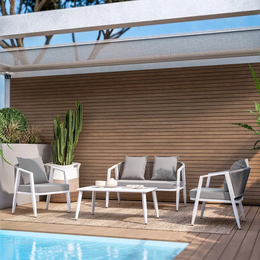 Set relax 4 posti bianco rivestito in corda con cuscini e tavolino - Bonaire