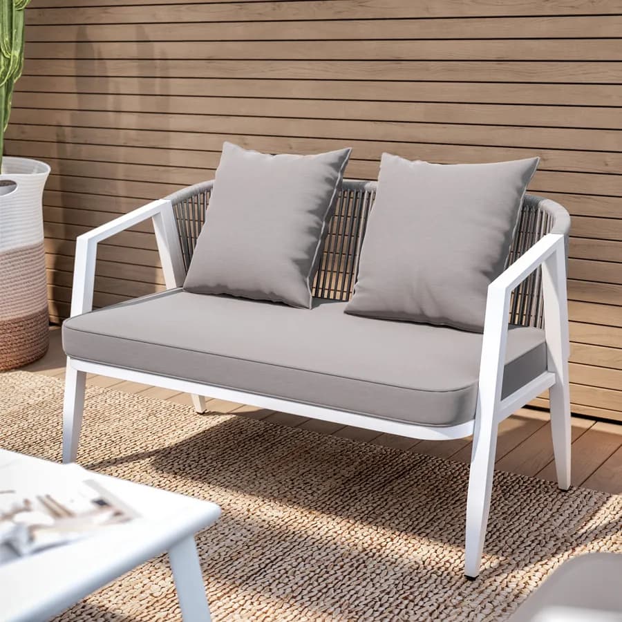Set relax 4 posti bianco rivestito in corda con cuscini e tavolino - Bonaire