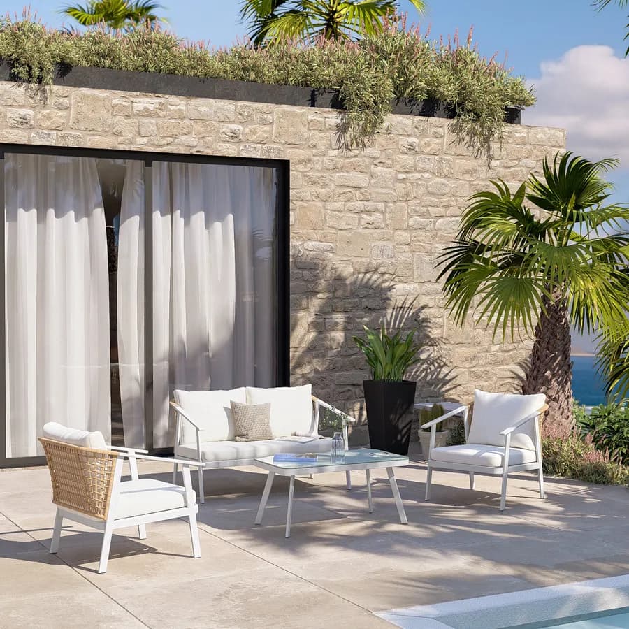 Set relax 4 posti in acciaio bianco con schienale in polyrattan naturale e cuscini - Niclim