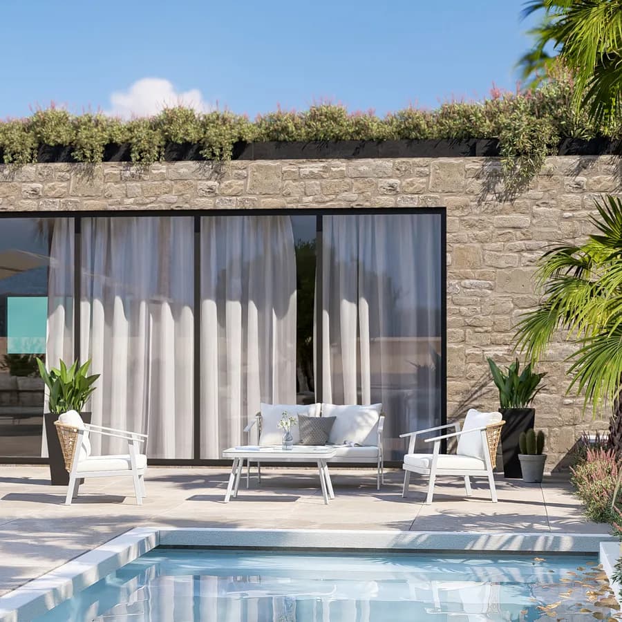 Set relax 4 posti in acciaio bianco con schienale in polyrattan naturale e cuscini - Niclim