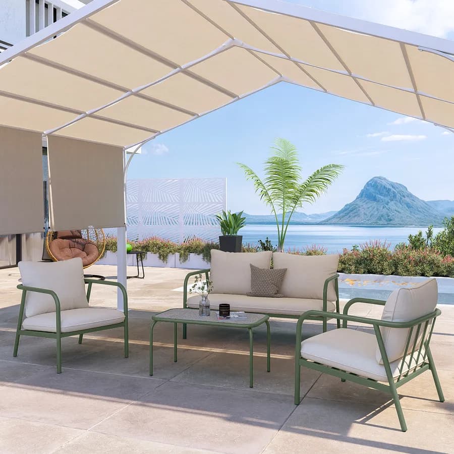Set relax 4 posti in acciaio verde scuro e cuscini imbottiti beige - Crey