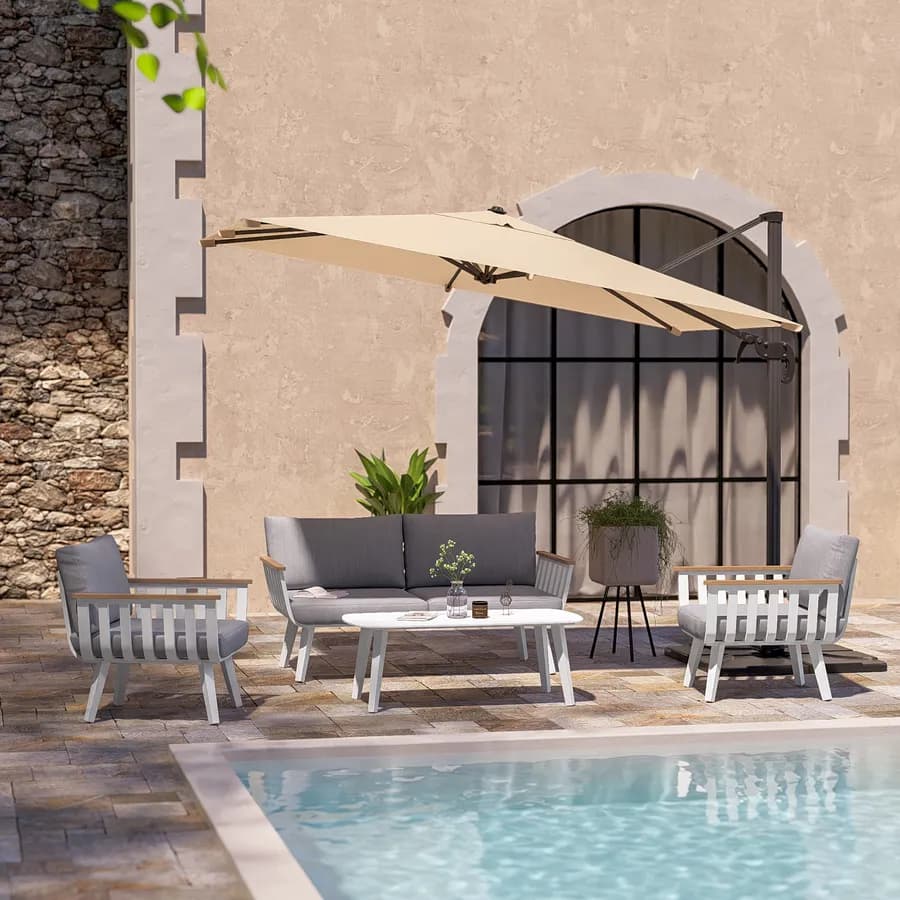 Set relax 4 posti in alluminio bianco con braccioli effetto legno e cuscini - Vallarta