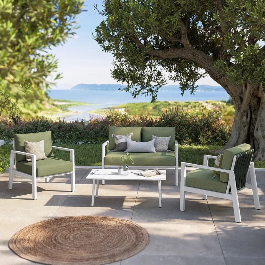 Set relax 4 posti in alluminio bianco con schienale in corda intrecciata verde e cuscini - Berillo