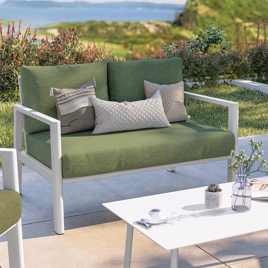Set relax 4 posti in alluminio bianco con schienale in corda intrecciata verde e cuscini - Berillo