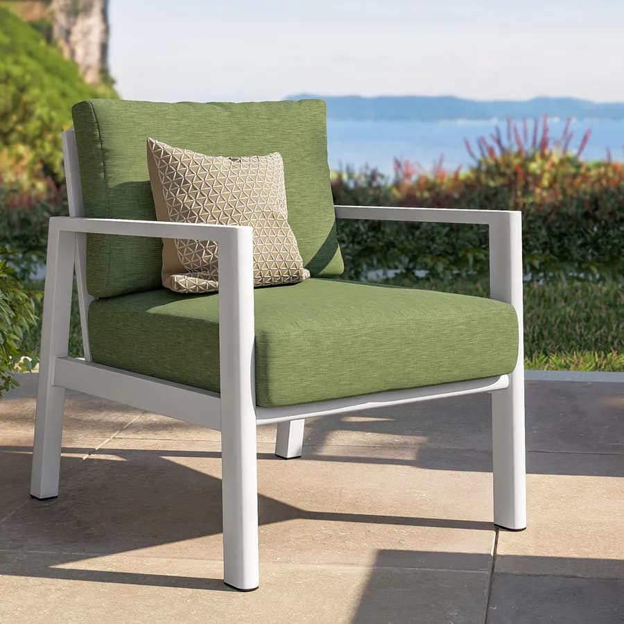 Set relax 4 posti in alluminio bianco con schienale in corda intrecciata verde e cuscini - Berillo