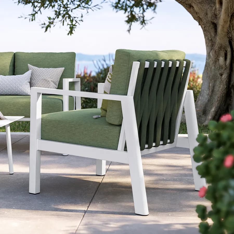Set relax 4 posti in alluminio bianco con schienale in corda intrecciata verde e cuscini - Berillo