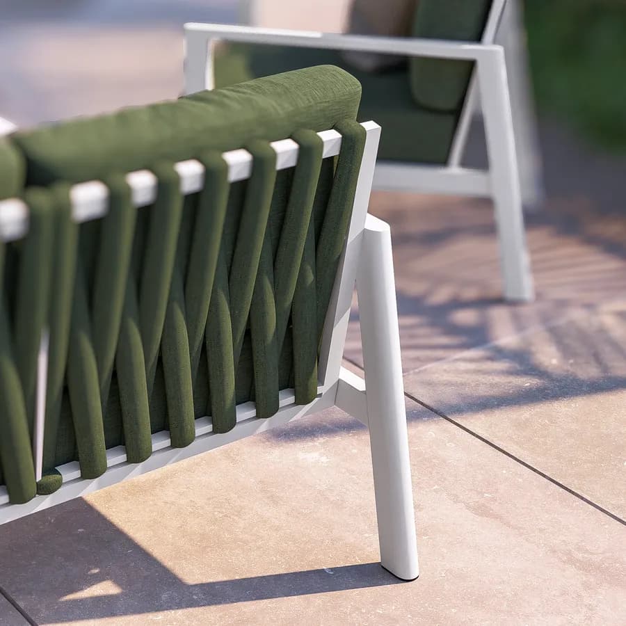 Set relax 4 posti in alluminio bianco con schienale in corda intrecciata verde e cuscini - Berillo